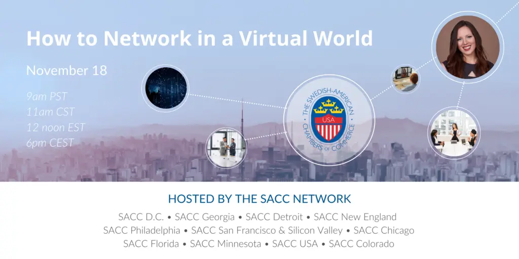 Bild med texten "How to network in a virtual world. Eventinfo som hölls 18 november.