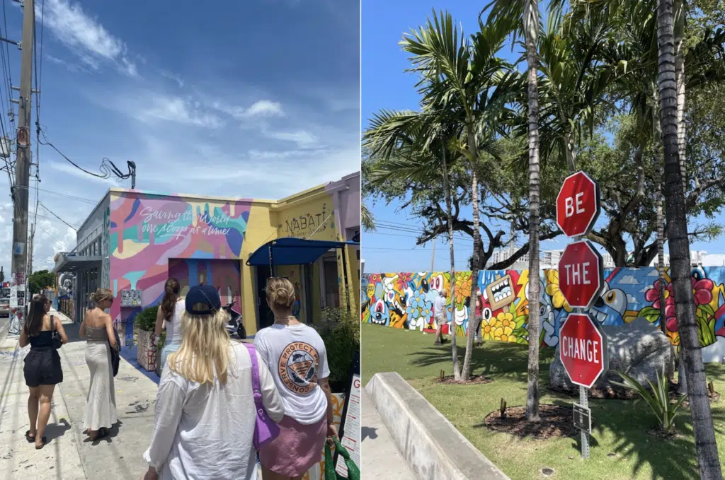 2 bilder från Miami. Ena bilden en grupp personer bakifrån går på en trottoar intill ett färgglatt lågt hus. Andra bilden en mur med målade artistiska kreationer, palmer och stoppskyltar med text: Be The Change.