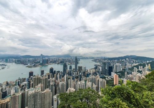 Hong Kong skyline, vatten, höghus och i förgrunden grönska