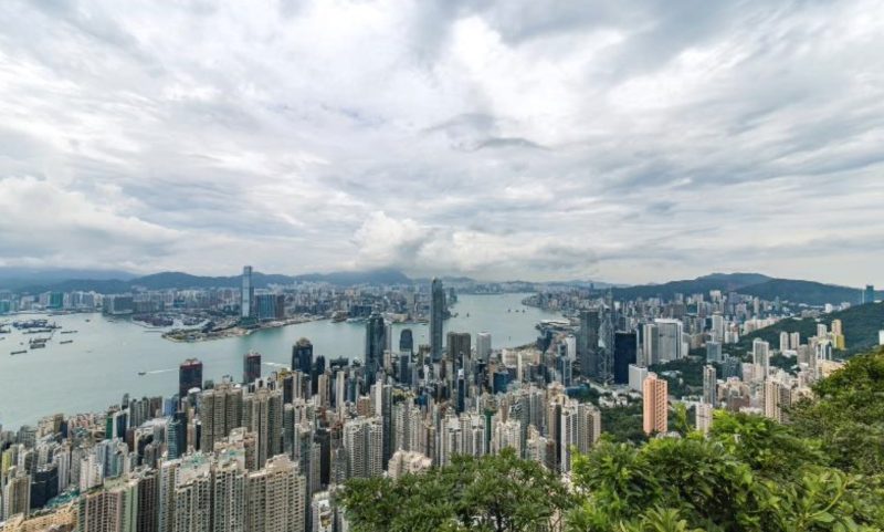 Hong Kong skyline, vatten, höghus och i förgrunden grönska